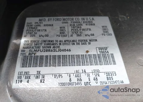 2002 Lincoln Navigator z USA, uszkodzony, nr VIN 5LMFU28R62LJ04046